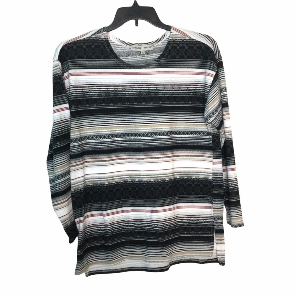 Women’s Absolutely Famous L Large 12 - 14 Sweater Tunic Stripe Black Tan EUC - Picture 2 of 6